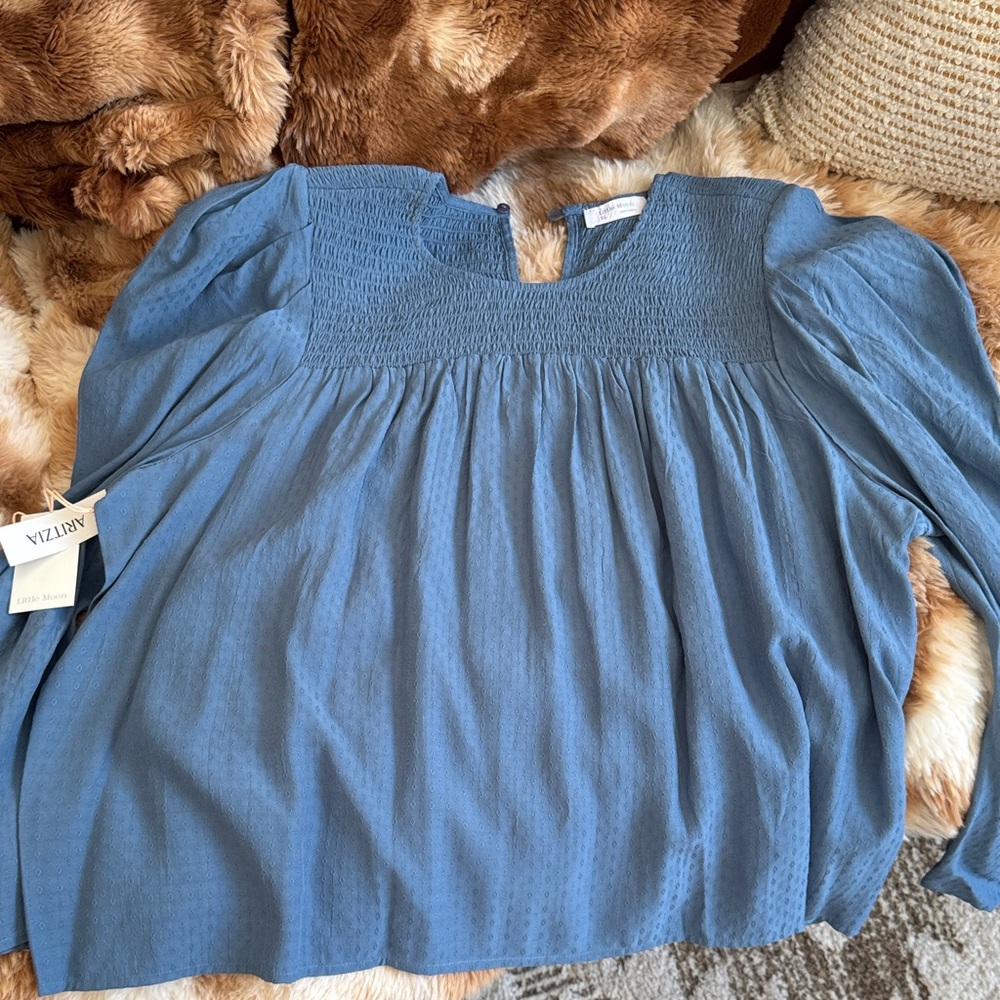 Aritzia Dusty Blue Smocked Blouse